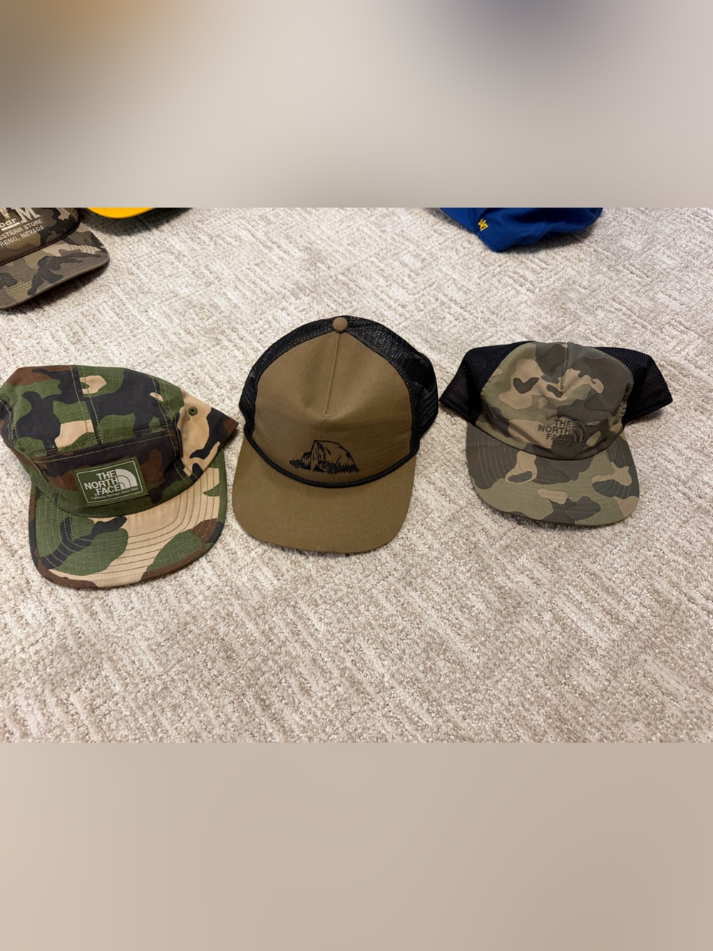 The North Face Olive and Camouflage Trucker Hats. 3 hat bundle.